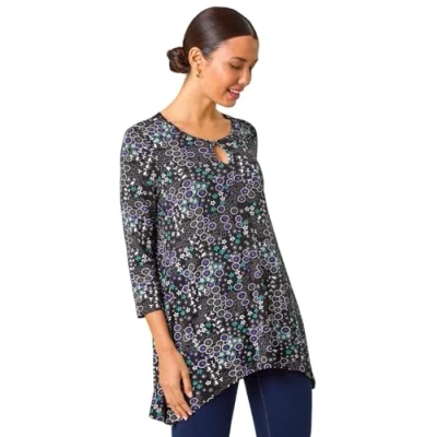 Image of Roman Womens Abstract Circle Print Cutout Tunic Top Blue Size 12 UK