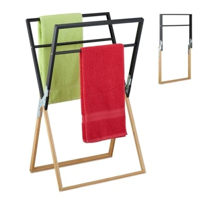 Image of Relaxdays Folding Towel Rack, with 4 Rails, 87 x 53 38 cm, Bathroom Stand, Airer, Bamboo and Metal, Black/Natural, Iron