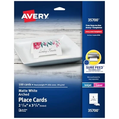 Image of Avery Printable Arched Tent Cards with Sure Feed Technology, 2 1/16&quot; x 3 3/4&quot;, White, 100 Blank Place for Laser or Inkjet Printers (35700)