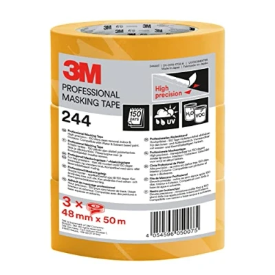 Image of 3M Professional Masking Tape 244, Universal Surfaces, Painters Tape, 48 mm x 50, 3 Rolls High Precision, UV and Water Resistant, For Indoor &amp; Outdoor