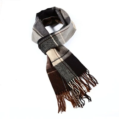 Image of A.WAVE Softer than Cashmere Wool Touch Tassel Ends Plaid Check Solid Scarf (BROWN)