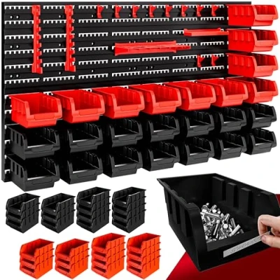 Image of DEUBA® Tool Rack Garage Wall Storage System Plastic Bins Kit 45 Pcs Tools Organiser Home Shelves Unit Stackable Pegboard Boxes Red &amp; Black
