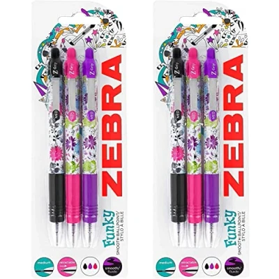 Image of Zebra Z Grip Funky Brights Floral Pattern Retractable Black Ballpoint Pen Assorted 6 Pack