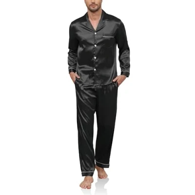 Image of Reliwel Mens Pyjamas Set Silk Long Sleeve Button down Shirt and Pants two Pieces Winter Silky Pjs Sets Notch Collar Warm Loungewear Sleepwear Nightwear S Xxl Black