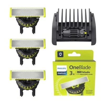 Image of Philips OneBlade 360 Innovation Authentic Replacement Blades with 5 in 1 Comb, for Hybrid Electric Shaver &amp; Trimmer. Trim, Edge and Shave. 3X Pack (1 Year Supply), Model QP437/50