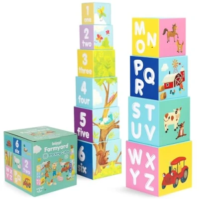 Image of boppi Stacking Blocks Farmyard Animal Toddler Toys with Letters and Numbers, Montessori/Educational Toy Cubes for Toddlers, Preschool Learning Baby