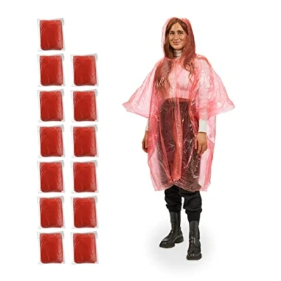 Image of Relaxdays Set of 13 Rain Ponchos, 100% plastic, Red, 120 cm