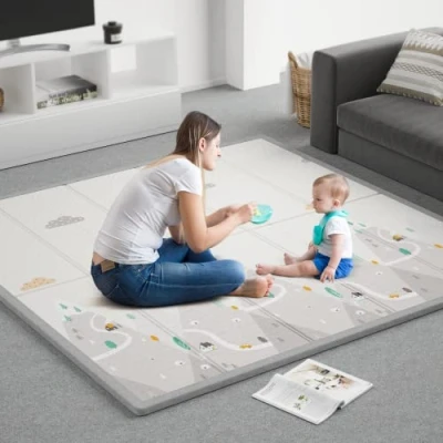 Image of ZEEBABA Baby Play Mat, 59&quot;x59&quot; Foldable &amp; Reversable Large 0.4&quot; Thick Waterproof Foam Activity Tummy Time Non Toxic Mat for Babies and Toddlers, 59&quot;Playpen