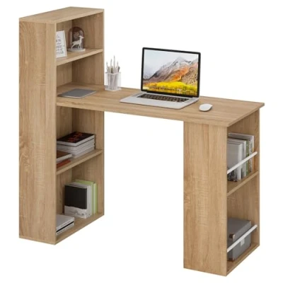 Image of eSituro Computer Desk with 5 Storage Shelves, 120cm Home Office Bookshelf, Study Writing Table for Workstation/Bedroom, Natural Wood, 122x55x120 cm