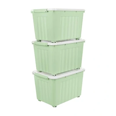 Image of Cetomo 55L*3 Storage Boxes with Wheels, Plastic Box Lid, Latching Buckles, Click Closure, Stackable, Nesting, Durable Organizer for Home Office Clothes, Green, 55L 3 Pack