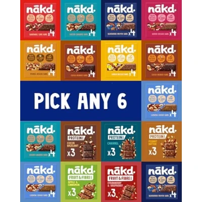 Image of Nakd Bars Multipack Pick Any 6 (24 x 30 45g) Including Protein Bars. Vegan Snacks, Gluten Free Good as Fruit Snacks 1 of 5 A day. Wheat Free, No Added Sugar Bar, Bar 24.
