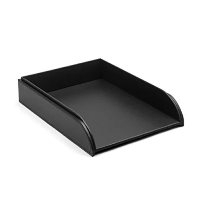 Image of OSCO Black Faux Leather Letter Tray A4 Easily Stackable Desk File Organiser Paper Storage Office Document Sorter Paperwork Filing No Risers Required H6.3 x W24.5 D 33.0 cm