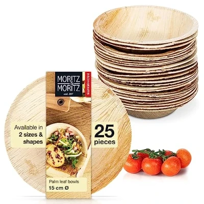 Image of Moritz &amp; 25x Disposable Palm Leaf Bowls Round Ø 15cm Biodegradable Compostable Eco Friendly Like Bamboo Bowls, Wooden Paper