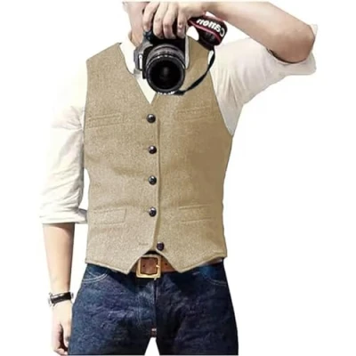 Image of Solovedress Mens Vintage Waistcoat Tweed Wool Regular Fit Suit Vest for Wedding Groomsmen(Champagne,XXXL)
