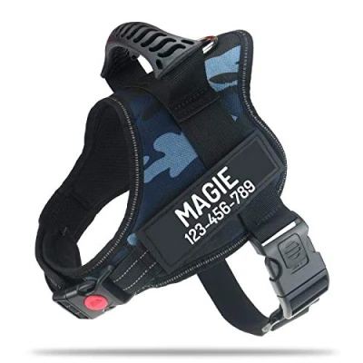 Image of PawPawify Personalised No Pull Dog Harness with Custom Name and Phone Number, Heavy Duty Pet Vest to Prevent Tugging, Pulling, or Choking, Training Walking (Blue Camo, XL Chest 32 44in)