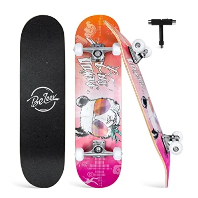 Image of BELEEV Skateboards, 31 x 8 inch Complete Skateboard for Beginners, 7 Layer Canadian Maple Double Kick Deck Concave Cruiser Trick Kids and Adults with Skate T Tool(Orange)