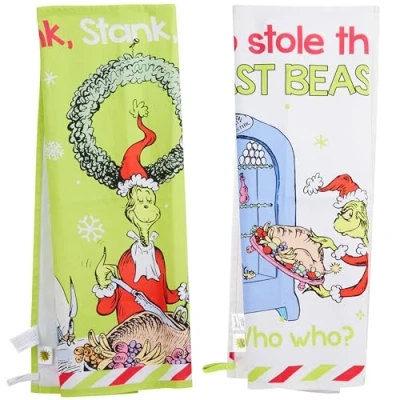 Image of The Grinch Kitchen Towel Pack of 2, Christmas Dish Cloth Funny Tea Washing Up Cotton Hand Accessories