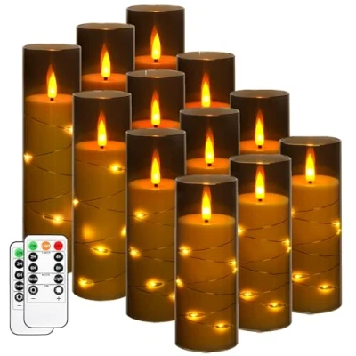 Image of Da by Flickering Flameless Candle with Embedded Star String ，Acrylic LED Pillar Candles 11 Key Remote Control and Timer，Battery Operated Candles,Grey, Set of 12，D5.5xH14/16/18/20cm