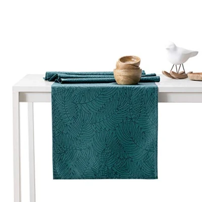 Image of AmeliaHome Table Runner 30 x 100 cm Lotus Effect Water Repellent Leaves Petrol Gaia