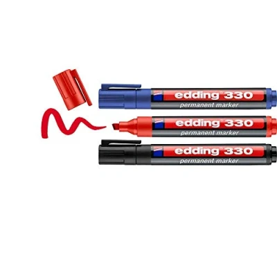 Image of edding 330 permanent marker black, red, blue 3 pens chisel nib 1 5 mm waterproof, quick drying, smear proof for cardboard, plastic, glass, wood, metal and fabric