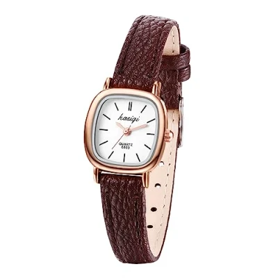 Image of JewelryWe Women Leather Watches: Small Square Analog Quartz Watch Simple Elegant Casual Dress