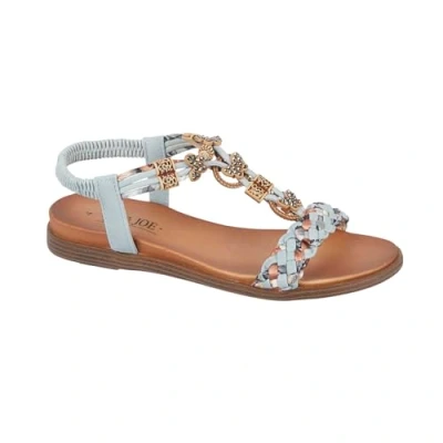 Image of Jo &amp; Joe Ladies Braided T Strap Design Embellished Trim Elasticated Back Flat Sandals (Light Blue, UK Footwear Size System, Adult, Women, Numeric, Medium, 8)