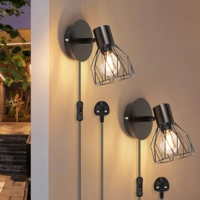 Image of Kimjo Plug in Wall Lights for Bedroom Light Lamp with Switch and Cable Lighting Fixtures Rotatable Sconce E14 Black Living Room 2 Packs No Bulb
