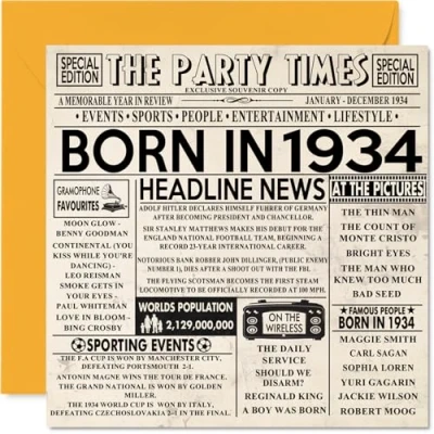 Image of 90th Birthday Cards for Men Women Born In 1934 Newspaper Happy 90 Card Grandad Grandma Nan Vintage Retro Back 1934, 145mm x Ninety Eightieth Bday Greeting