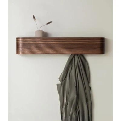 Image of Kazai. Wall Mounted Coat Rack &#039;Toke&#039; Modern Design with Hidden Hooks Solid Wood Veneer Panel Hanger Walnut
