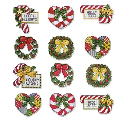 Image of Design Works Cross Stitch Ornament Kit, Christmas Wreaths, Canvas Cotton, Multicolor, 1