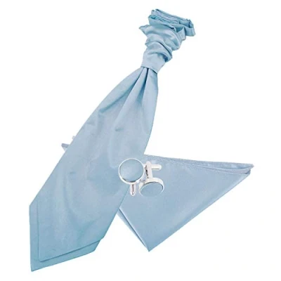 Image of DQT Men Plain Satin Wedding Scrunchie Pre Tied Cravat, Pocket Square &amp; Cufflinks Dusty Blue