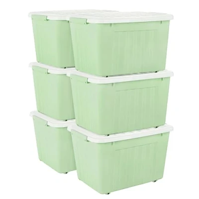 Image of Cetomo 80L*6 Storage Boxes with Wheels, Plastic Box Lid, Latching Buckles, Click Closure, Stackable, Nesting, Durable Organizer for Home Office Clothes, Green, 80L 6 Pack