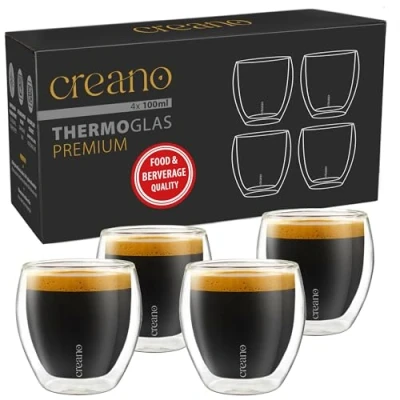 Image of Creano Premium Double Walled Espresso Glasses 100 ml Set of 4 Catering Quality 100% Dishwasher Safe Thermal Glass Wall