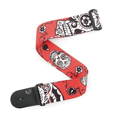 Image of D&#039;Addario Woven Guitar Strap Accessories Electric Strap, Acoustic &amp; Bass Sugar Skulls Red 2&quot; Wide