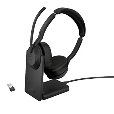 Image of Jabra Evolve2 55 Stereo Wireless Headset with Charging Stand, Air Comfort Technology, Noise cancelling Mics, Active Cancellation MS Teams Certified, Works Other Platforms Black
