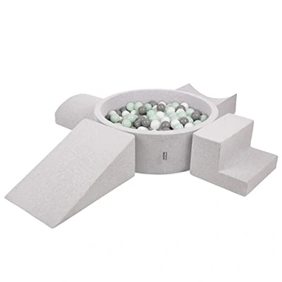 Image of KiddyMoon Foam Playground For Kids With Round Ballpit (200 Balls ∅ 7Cm/2.75In) Soft Obstacles Course And Ball Pool, Made In The EU, Lightgrey:White/Grey/Mint