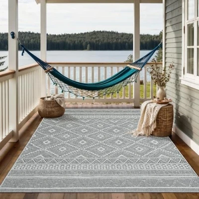 Image of the carpet Calgary Heavy Duty Flat Weave Modern Design Kitchen Dining Room Rugs Vintage Bohemian Style Extra Outdoor Grey Diamond 67x180cm