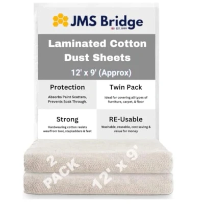Image of Laminated Cotton Dust Sheets for Decorating &amp; Painting 12ft x 9ft Plastic Poly Polythene Backed Paint Cover Drop Cloth Furniture, Floors, and Staircase