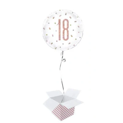 Image of Rose Gold Glitz Age Holographic Round Foil Helium Balloon Inflated in a Box (Age 18, Birthday)