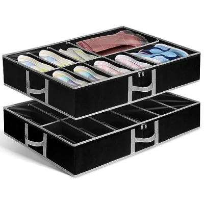 Image of 2 Pack Under Bed Shoe Storage Organiser, Fits 24 Pairs, Adjustable Velcro Underbed Box W/ Bottom &amp; Side Support and Reinforced Handles, Foldable Sturdy with Clear lids, 80*60*15.5cm