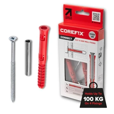 Image of Corefix 100mm Heavy Duty Dot &amp; Dab Wall Fixings Plasterboard Over Blockwork Plugs Screws for TVs, Radiators, Shelving More Holds 100kg on 4 fixtures Reinforced Steel Core Pack
