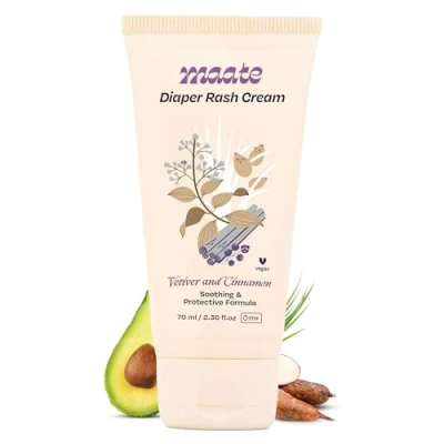 Image of MAATE Baby Diaper Rash Cream, 70 ml, Heals and prevents skin irritation, Enriched with Vetiver, Cinnamon Rosemary Oils, Dermatologically Tested, Vegan,