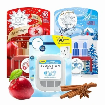 Image of 3volution Refills &amp; Diffuser Bundle Lapland 20ml Spiced Apple Plug in Air Freshener For Home with Automatic Device. Room Fresheners Xmas Gift Topline Card