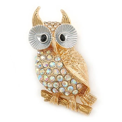 Image of Avalaya Gold Plated, White Enamel, Clear/AB Crystal Owl Brooch 45mm L