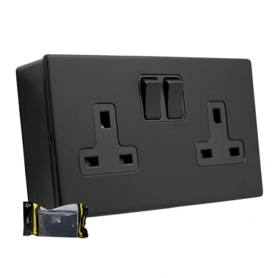 Image of SHP ELECTRICAL® Screwless Matt Black Metal 2 Gang 13A Switched Socket and 25mm Surface Mount Pattress Box (2 + Back Pack))