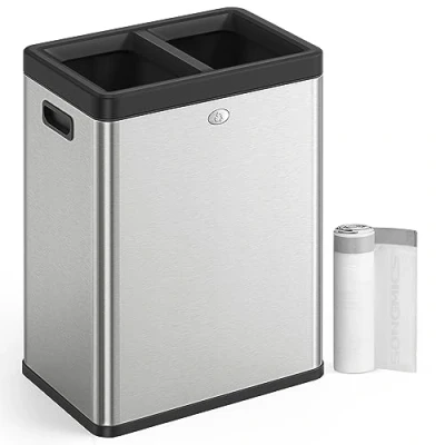 Image of SONGMICS 2 x 6.6 Gallon Open Top Trash Can, Dual Compartment Garbage Can for Waste and Recycling, Stainless Steel, Bin Office, Restaurant, Commercial Use, Silver ULTB710E50