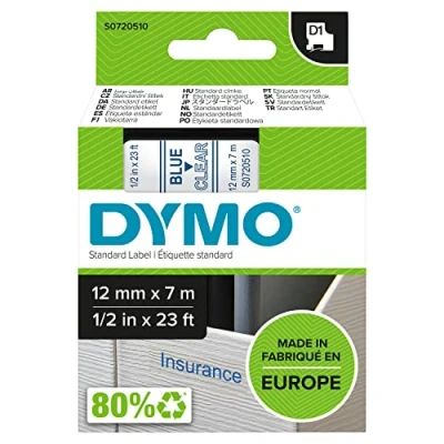 Image of DYMO Authentic D1 Labels Blue Print on Clear Tape 12 mm x 7 m Self Adhesive for LabelManager Label Makers Made in Europe