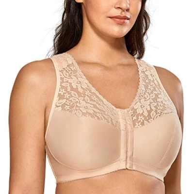 Image of Delimira Women&#039;s Front Fastening Bras Lace Wireless Plus Size Full Coverage Racerback Support Bra Beige 44B