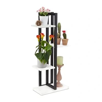 Image of Relaxdays Metal Flower Stand, 4 Tier Indoor Pot Shelf Ladder, Wooden Look, HxWxD: 93 x 42.5 22.5 cm, Plant Rack, White