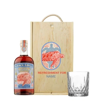 Image of Personalised Hawksbill Caribbean Spiced Rum with Glass in Wooden Gift Box Flavoured Set for Men Ideal Birthday Present, Alcohol Him, or Unique Lover Keepsake
